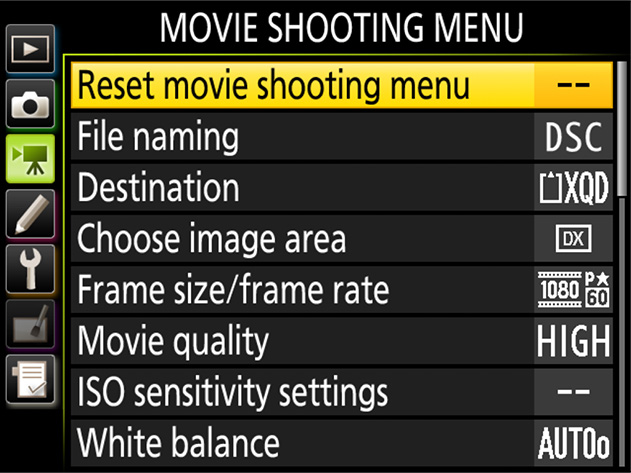 movie shooting menu